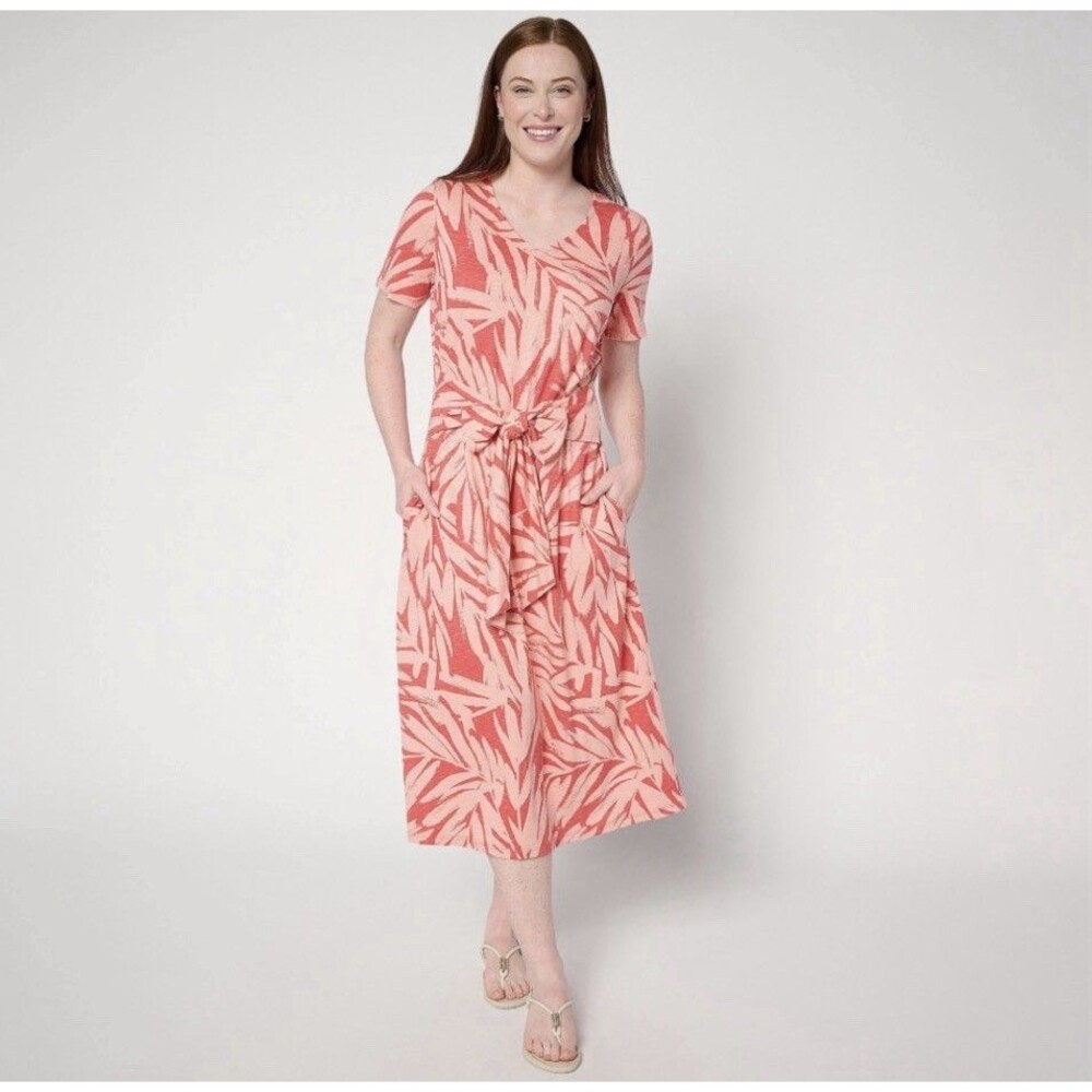 Denim & Co. Petite Tie Waist Midi Dress with Pockets Size Petite Large Papaya